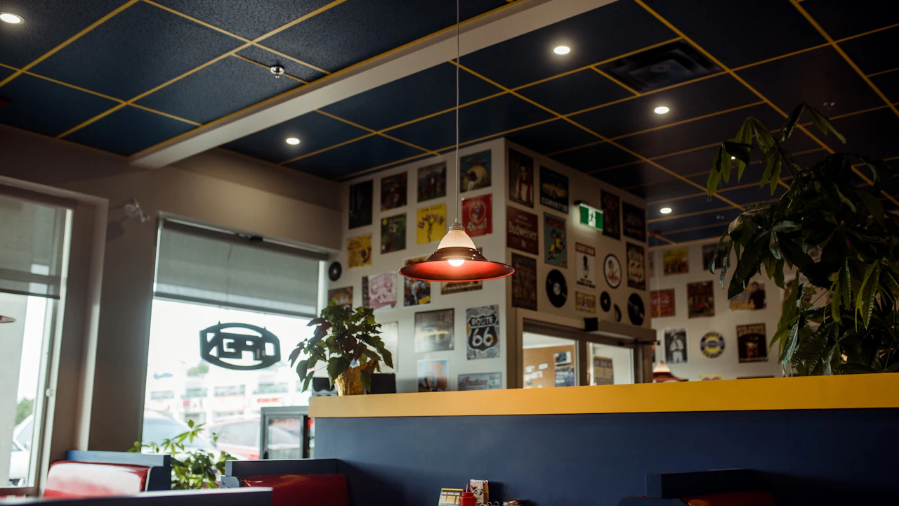 Interior of a Burlington diner with booths and hanging lights