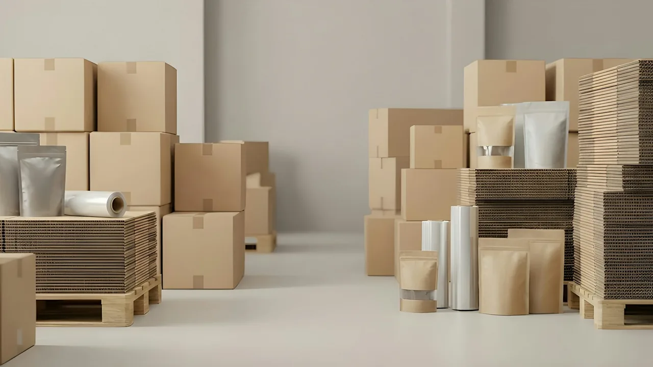 Cardboard boxes, flattened cartons and packing supplies