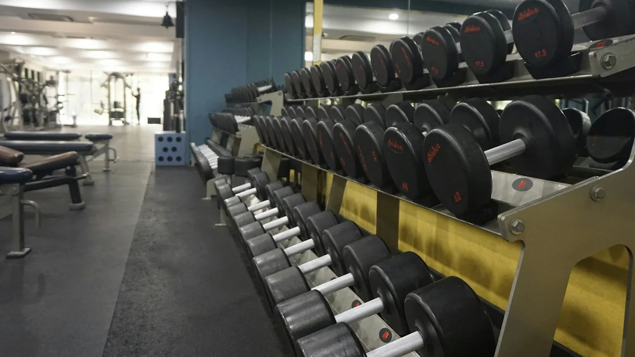Dumbbells arranged on a rack in an exercise room