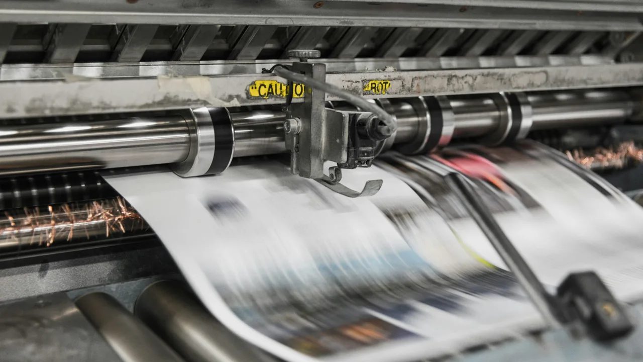Printed sheets passing through the rollers of a printing machine